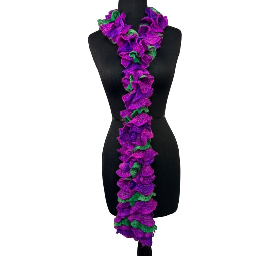 Hand-Knitted Ruffle Scarf In Vibrant Purple & Green